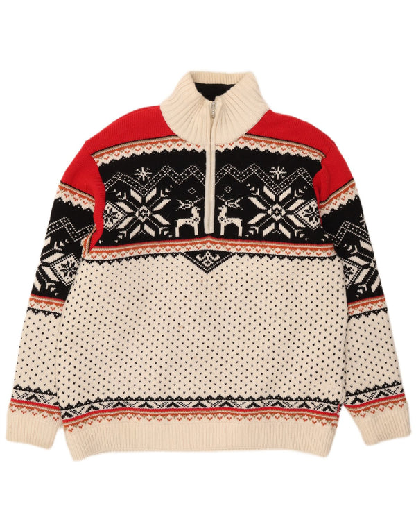 Vintage Mens Zip Neck Jumper Sweater 2XL Off White Fair Isle