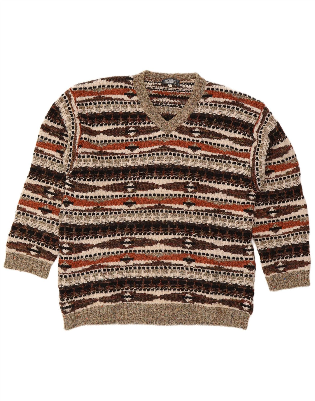 Alcatraz Mens V-Neck Jumper Sweater XL Multicoloured Geometric Wool
