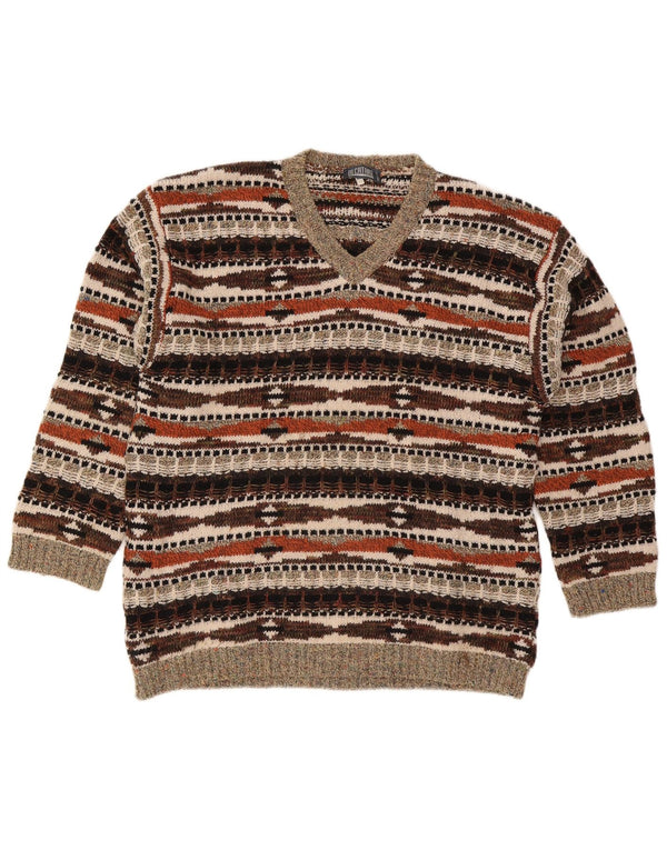 Alcatraz Mens V-Neck Jumper Sweater XL Multicoloured Geometric Wool