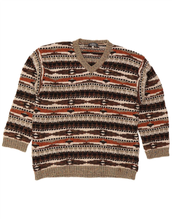 Alcatraz Mens V-Neck Jumper Sweater XL Multicoloured Geometric Wool