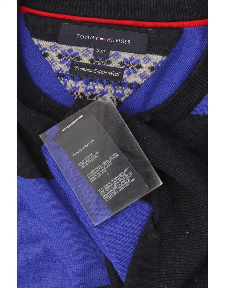 TOMMY HILFIGER Mens Crew Neck Jumper Sweater 2XL Black Striped Cotton