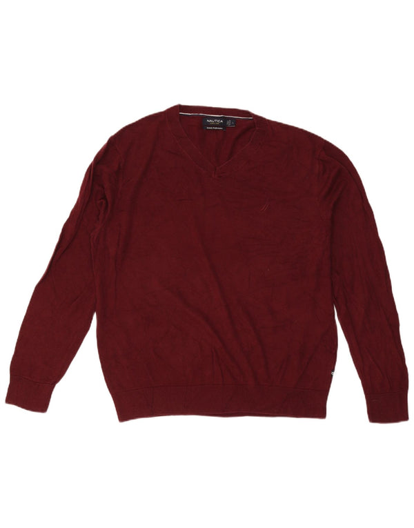 Nautica Mens V-Neck Jumper Sweater Large Burgundy Cotton