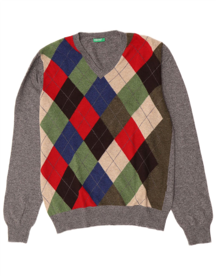 Benetton Mens V-Neck Jumper Sweater Medium Grey Argyle/Diamond Wool