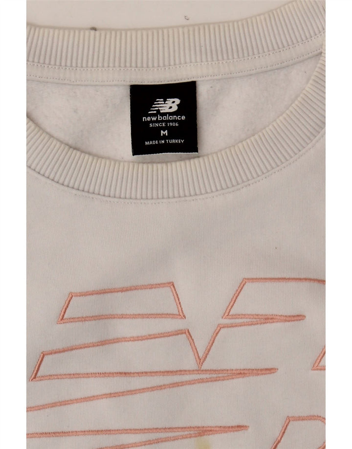NEW BALANCE Womens Graphic Oversized Sweatshirt Jumper UK 14 Medium White Vintage New Balance and Second-Hand New Balance from Messina Hembry 