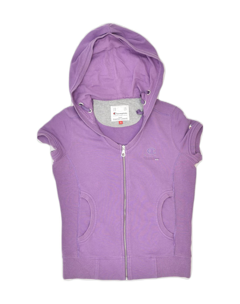 CHAMPION Womens Short Sleeve Zip Hoodie Sweater UK 10 Small Purple Cotton | Vintage Champion | Thrift | Second-Hand Champion | Used Clothing | Messina Hembry 