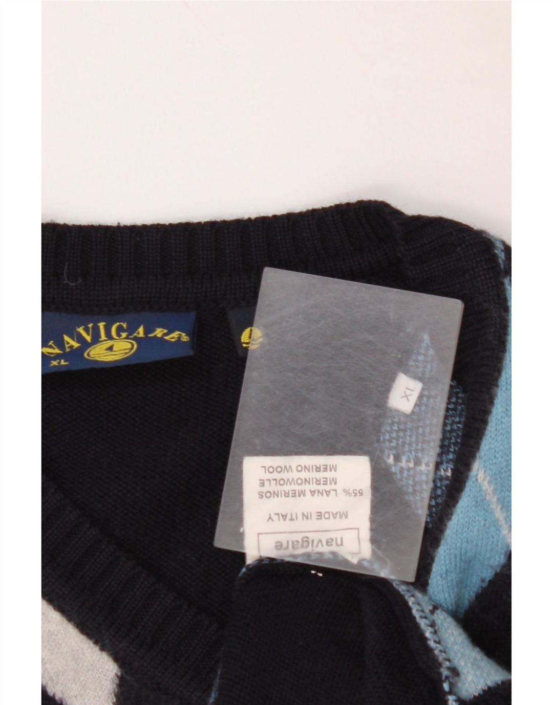 NAVIGARE Mens V-Neck Jumper Sweater XL Navy Blue Argyle/Diamond