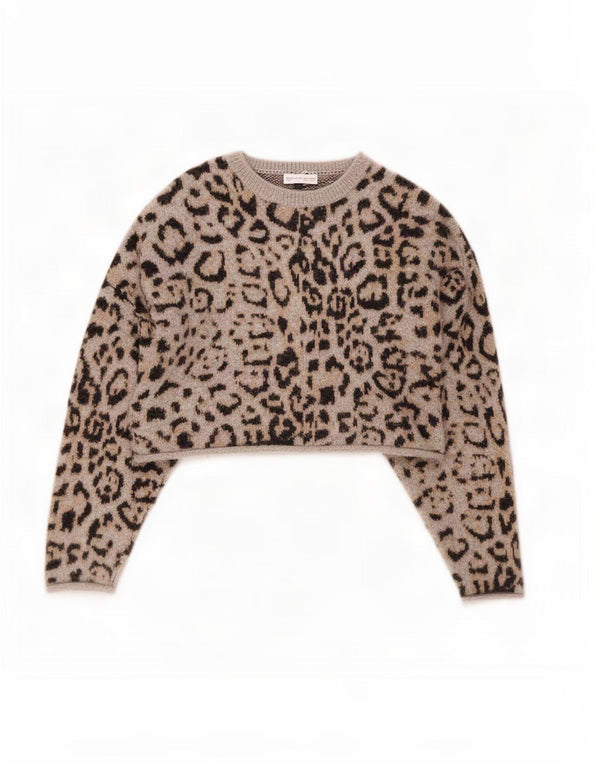 Zara Womens Crop Crew Neck Jumper Sweater UK 16 Large Grey Animal Print