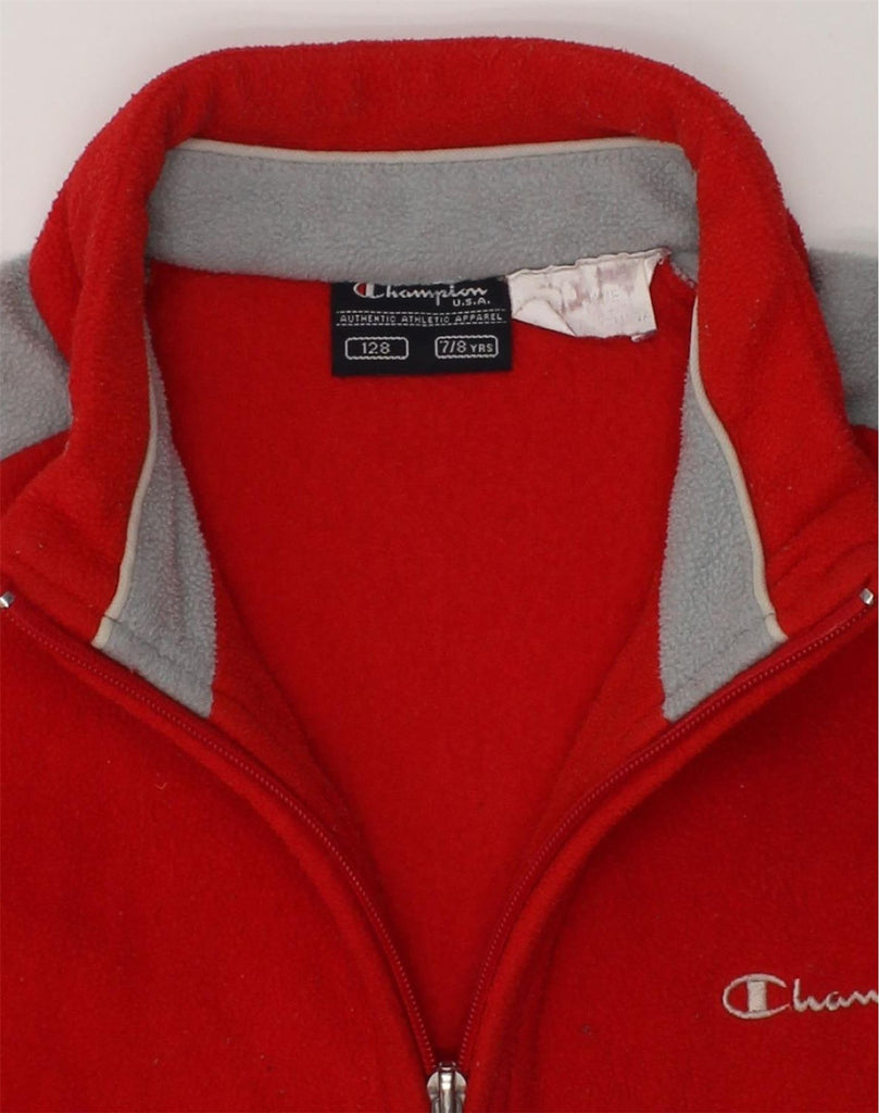 CHAMPION Boys Graphic Fleece Jacket 7-8 Years Red Colourblock Polyester | Vintage Champion | Thrift | Second-Hand Champion | Used Clothing | Messina Hembry 