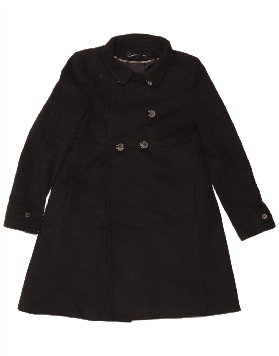 Zara Womens Double Breasted Coat UK 10 Small Black Wool