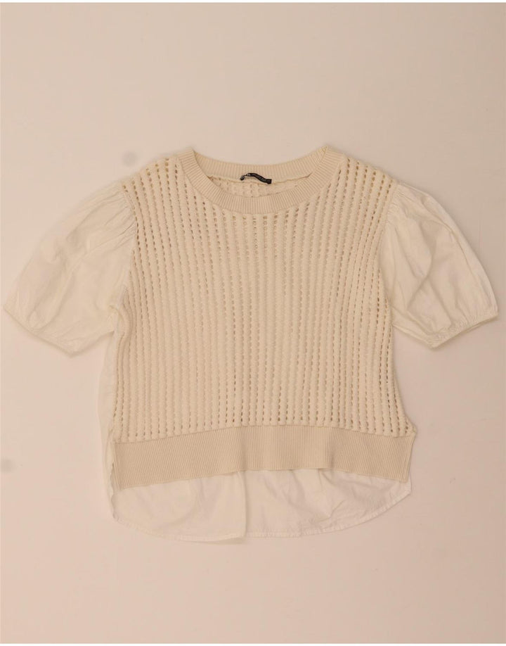 Zara Womens Crochet Blouse Top UK 14 Medium White Cotton