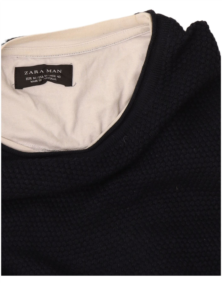 Zara Mens Crew Neck Jumper Sweater Medium Navy Blue