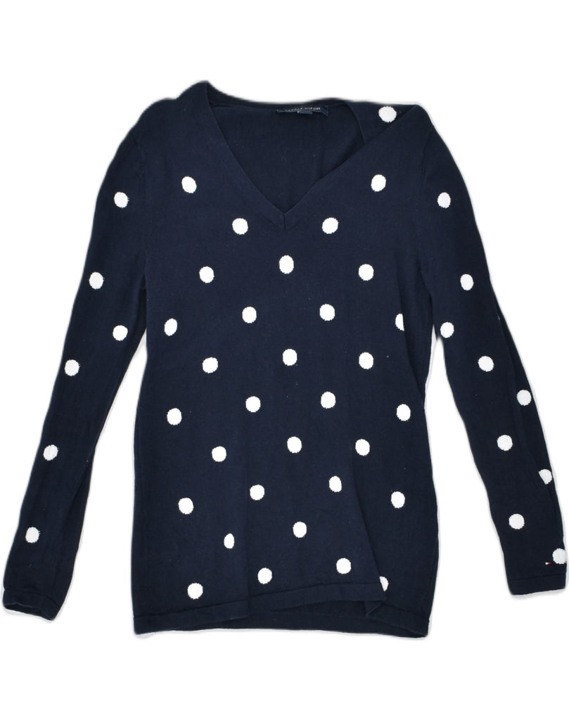 TOMMY HILFIGER Womens V-Neck Jumper Sweater UK 8 Small Navy Blue Polka Dot | Vintage | Thrift | Second-Hand | Used Clothing | Messina Hembry 