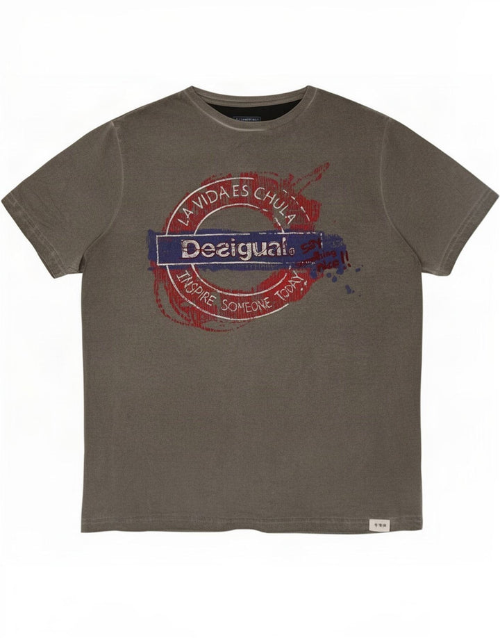 Desigual Mens Graphic T-Shirt Top Medium Grey