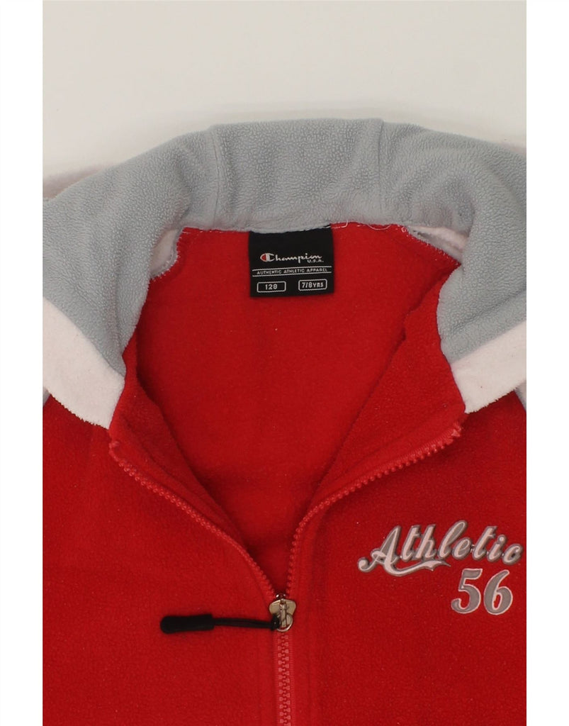 CHAMPION Girls Hooded Fleece Jacket 7-8 Years Red Colourblock Polyester | Vintage Champion | Thrift | Second-Hand Champion | Used Clothing | Messina Hembry 