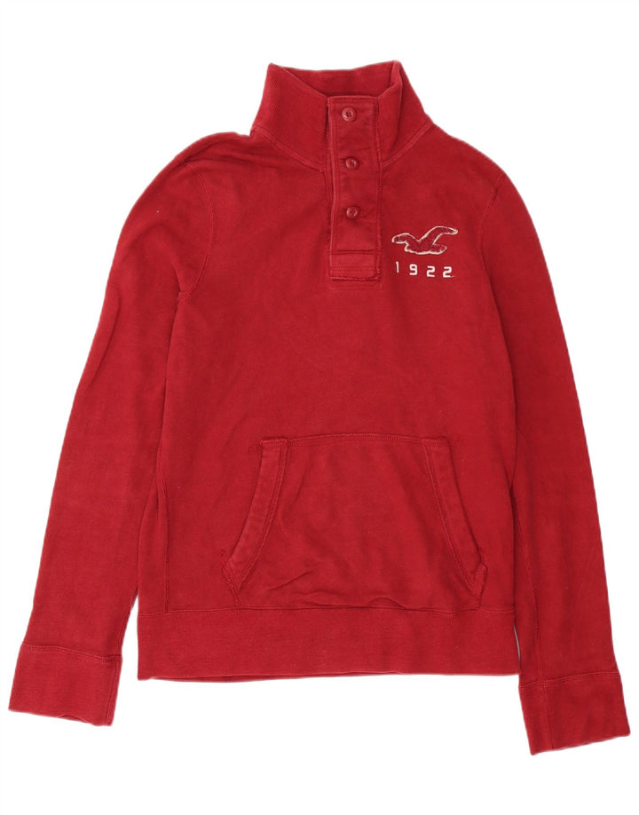 Hollister Mens Graphic Button Neck Sweatshirt Jumper Medium Red Cotton
