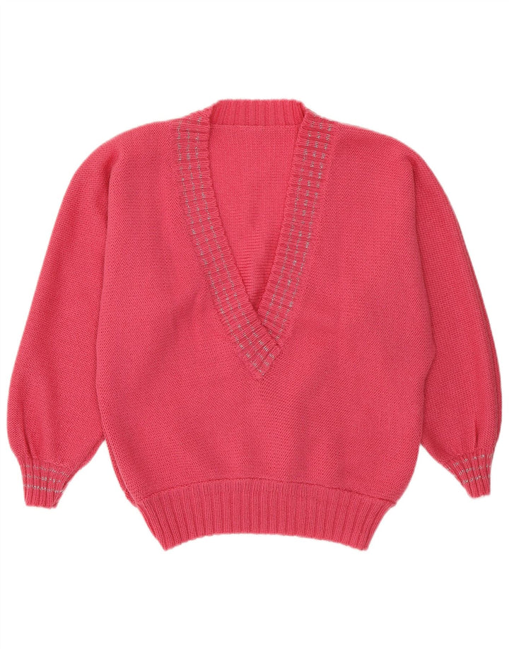 VINTAGE Womens V-Neck Jumper Sweater UK 14 Medium Pink
