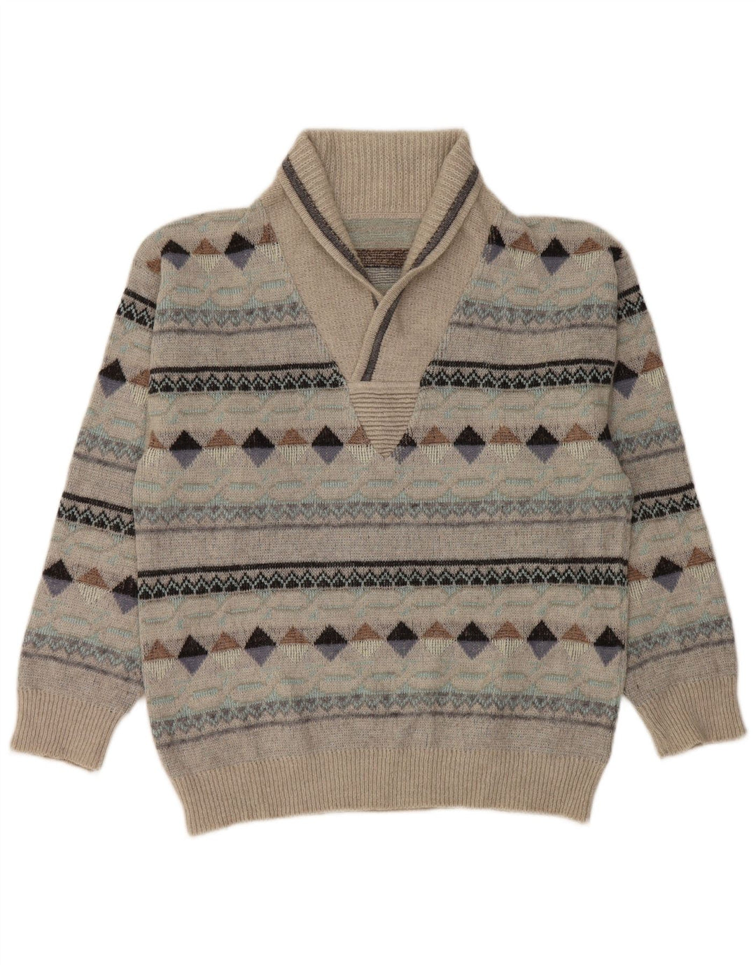Vintage Mens Shawl Neck Jumper Sweater IT 50 Medium Grey Argyle/Diamond
