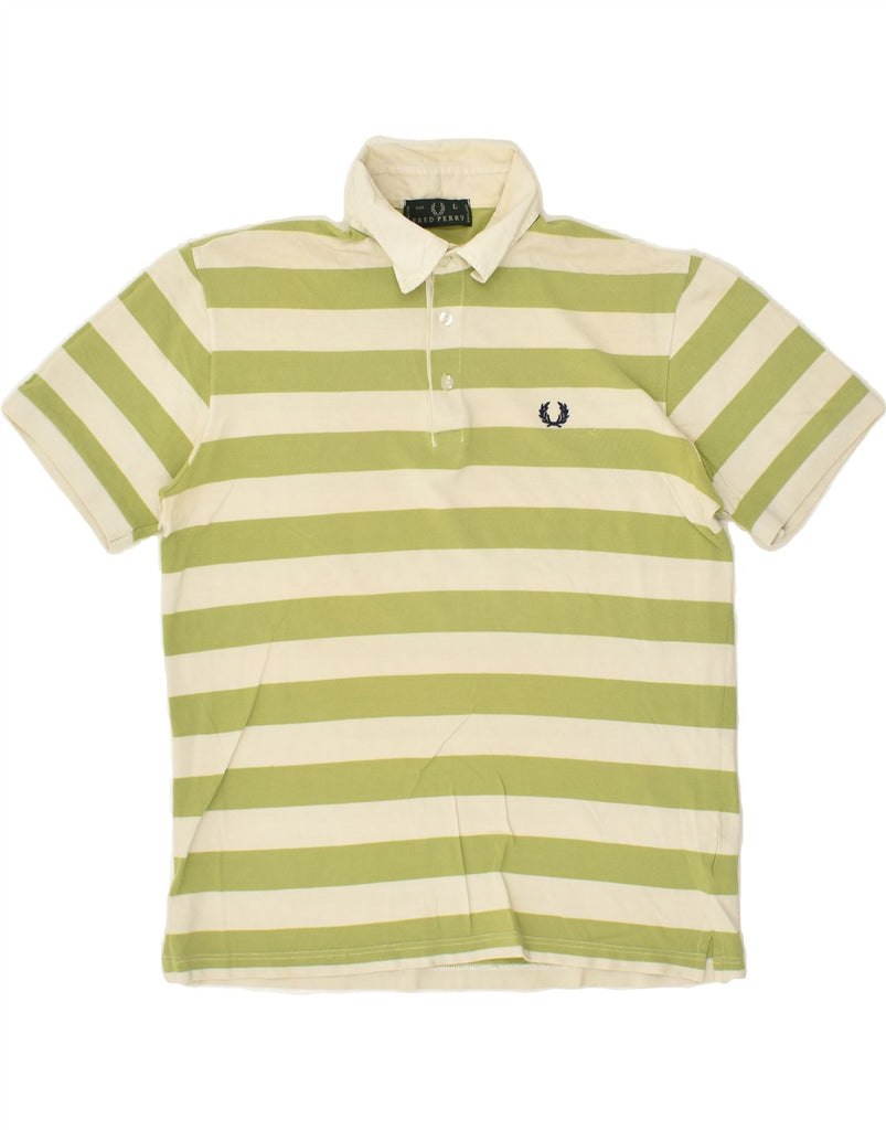 FRED PERRY Mens Polo Shirt Large Green Striped Cotton Vintage Fred Perry and Second-Hand Fred Perry from Messina Hembry 