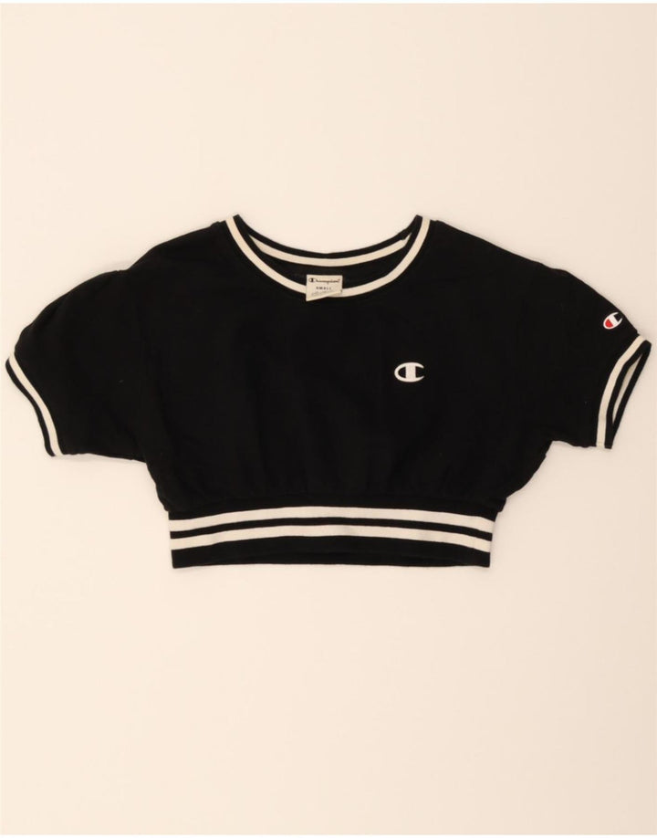 CHAMPION Womens Crop Short Sleeve Sweatshirt Jumper UK 8 Small Black Vintage Champion and Second-Hand Champion from Messina Hembry 