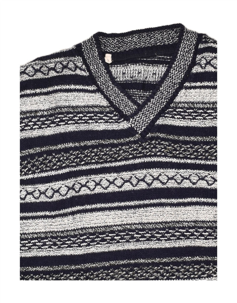 VINTAGE Womens V-Neck Jumper Sweater UK 16 Large Navy Blue Striped Acrylic | Vintage Vintage | Thrift | Second-Hand Vintage | Used Clothing | Messina Hembry 