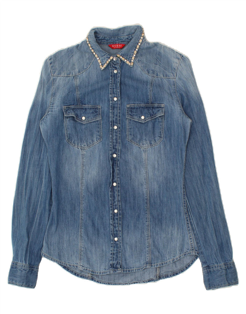 GUESS Womens Denim Shirt UK 6 XS Blue Cotton | Vintage Guess | Thrift | Second-Hand Guess | Used Clothing | Messina Hembry 