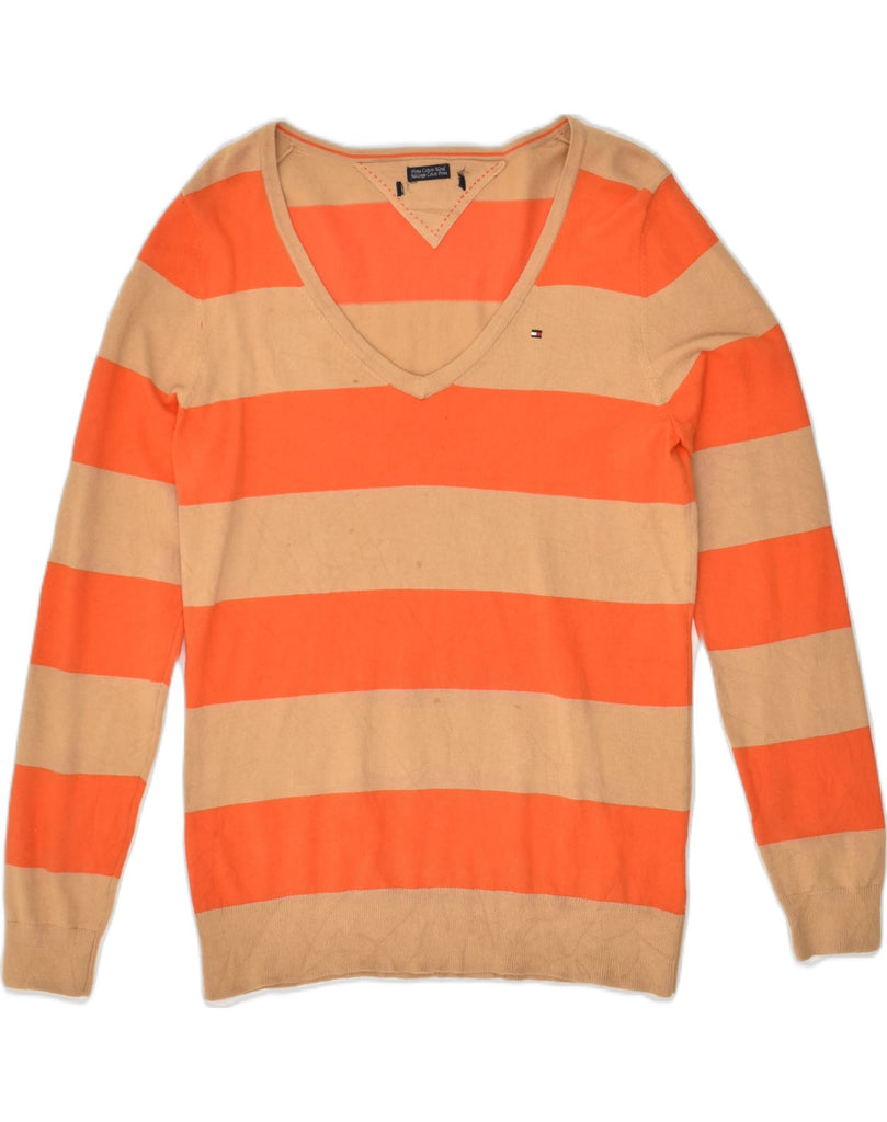 TOMMY HILFIGER Mens V-Neck Jumper Sweater Small Orange Striped Cotton | Vintage Tommy Hilfiger | Thrift | Second-Hand Tommy Hilfiger | Used Clothing | Messina Hembry 