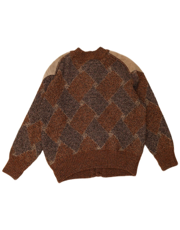 Vintage Mens Cardigan Sweater Medium Brown Argyle/Diamond