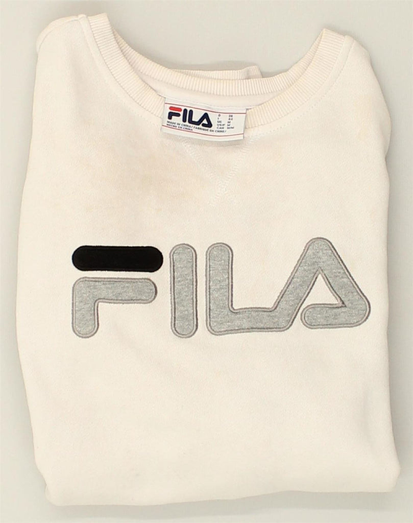 FILA Womens Graphic Sweatshirt Jumper UK 14 Medium Off White Cotton | Vintage Fila | Thrift | Second-Hand Fila | Used Clothing | Messina Hembry 