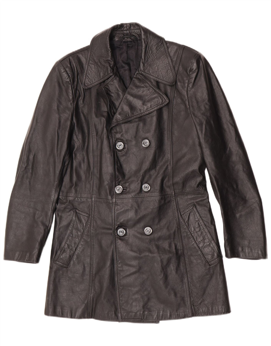 Vintage Mens Leather Pea Coat IT 48 Medium Black Classic