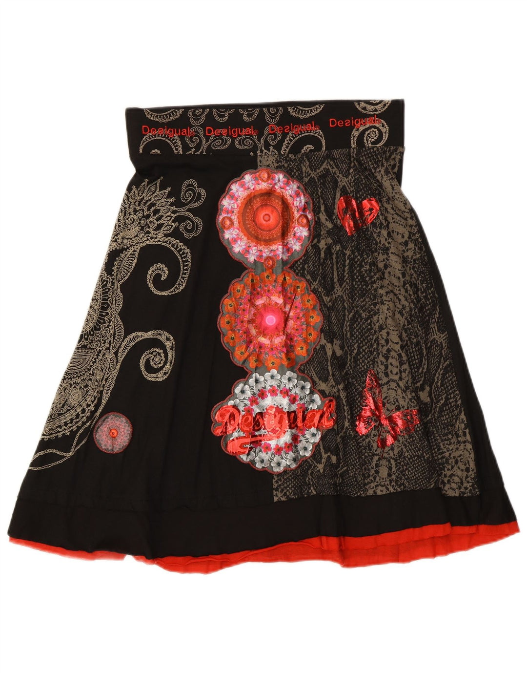 DESIGUAL Womens Graphic A-Line Skirt Small W30  Black Floral Cotton