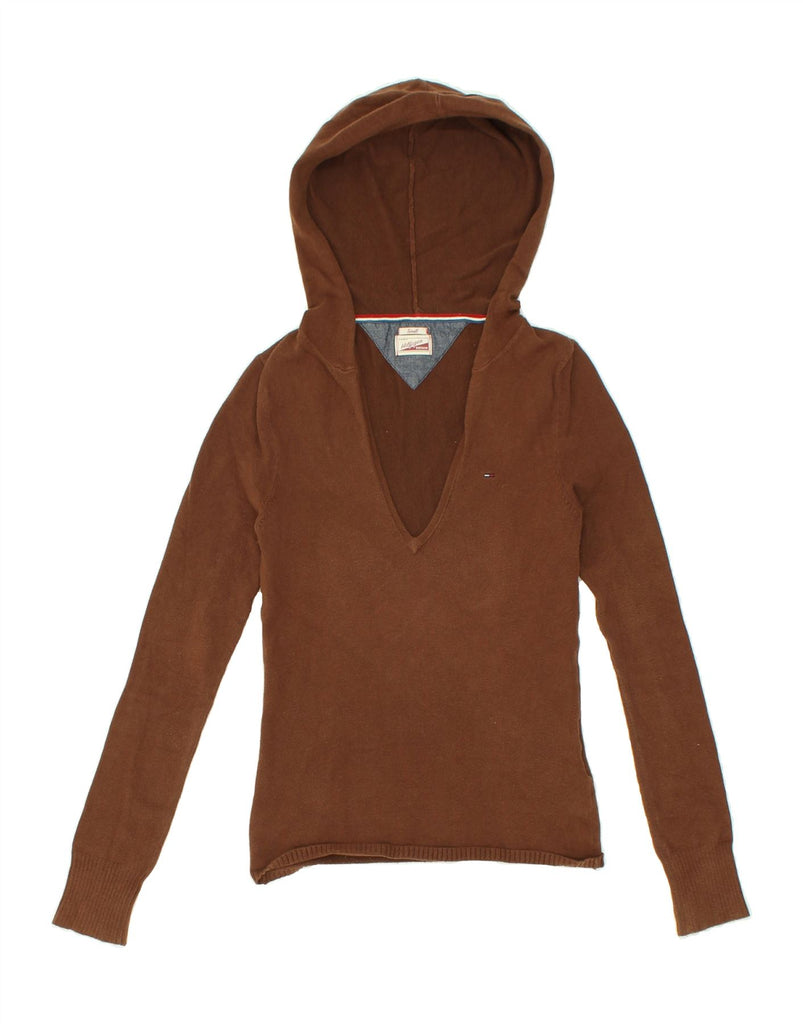 TOMMY HILFIGER Womens Hooded V-Neck Jumper Sweater UK 8 Small Brown Cotton Vintage Tommy Hilfiger and Second-Hand Tommy Hilfiger from Messina Hembry 