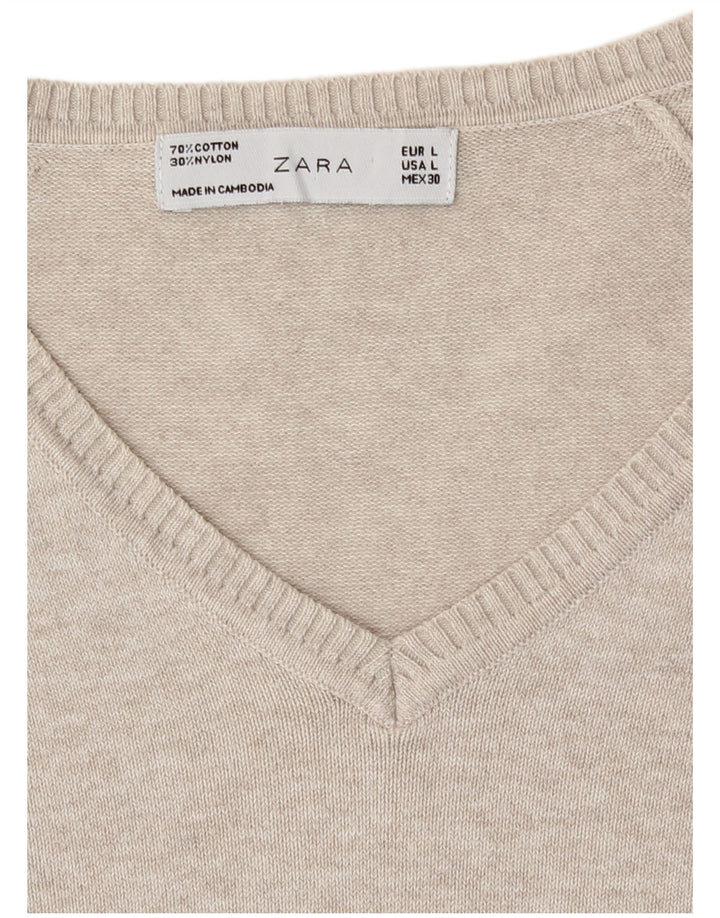 Zara Womens V-Neck Jumper Sweater UK 14 Large Beige
