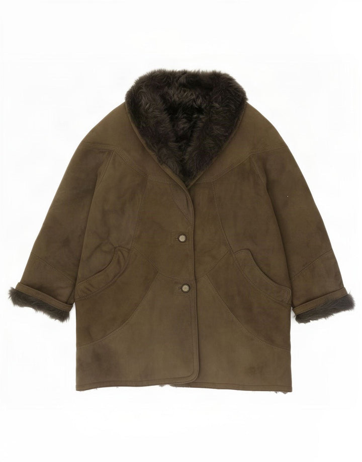 Vintage Womens Oversized Shearling Coat EU 46 XL Khaki