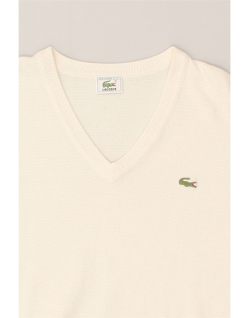 LACOSTE Mens V-Neck Jumper Sweater Size 4 Medium Off White Cotton | Vintage Lacoste | Thrift | Second-Hand Lacoste | Used Clothing | Messina Hembry 