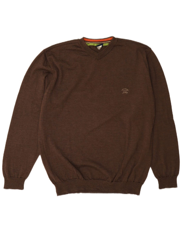 Paul & Shark Mens Yachting V-Neck Jumper Sweater XL Brown Wool