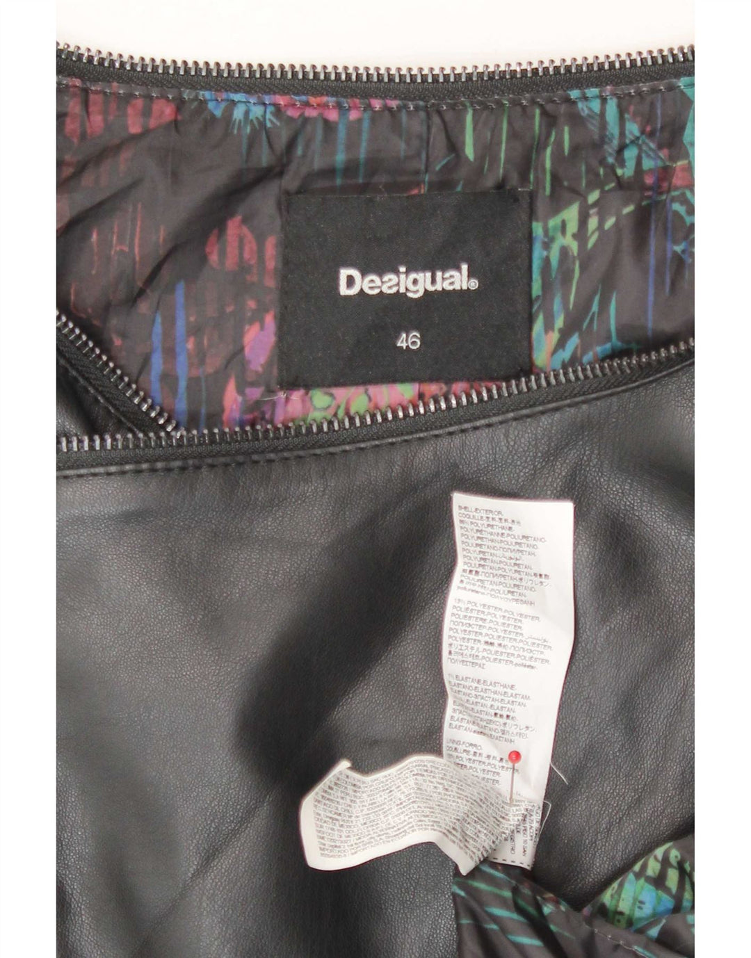 Desigual Womens Faux Leather Biker Jacket EU 46 XL Black Polyurethane