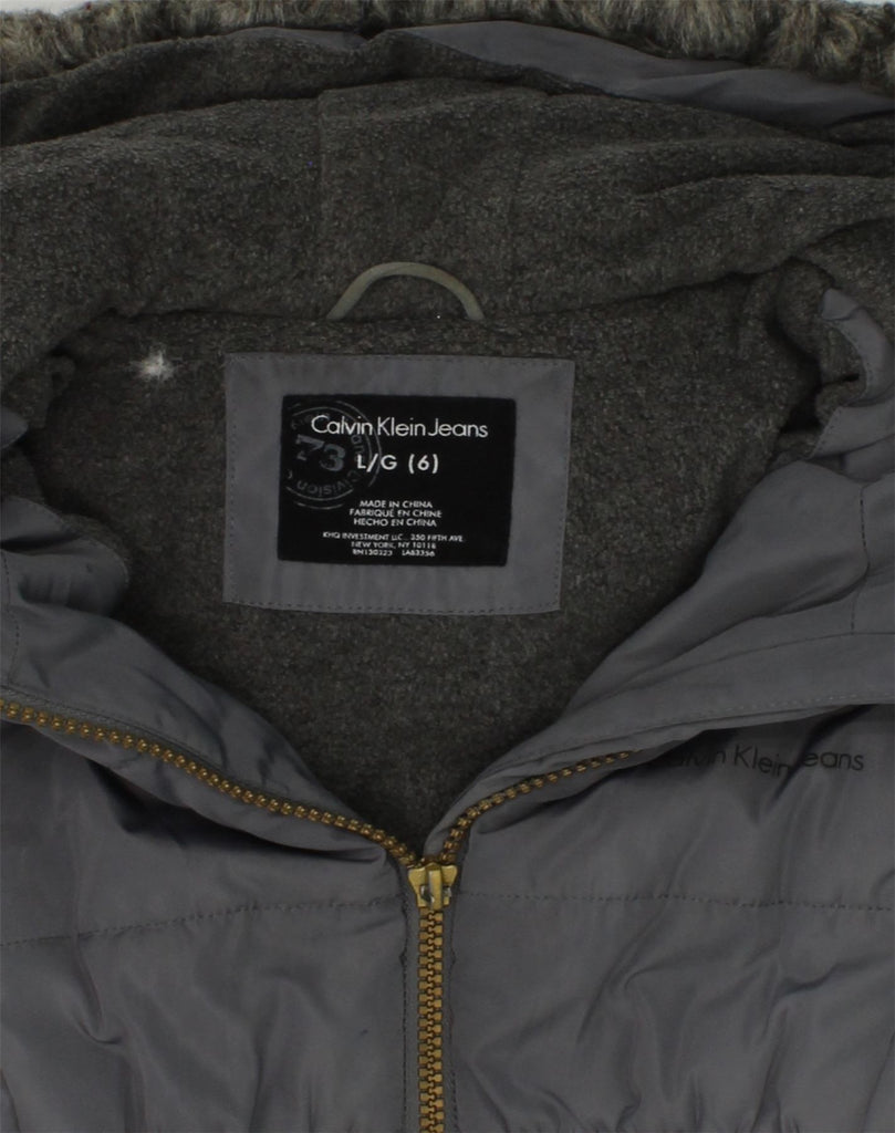 CALVIN KLEIN Girls Hooded Padded Coat 5-6 Years Large Grey Polyester | Vintage Calvin Klein | Thrift | Second-Hand Calvin Klein | Used Clothing | Messina Hembry 