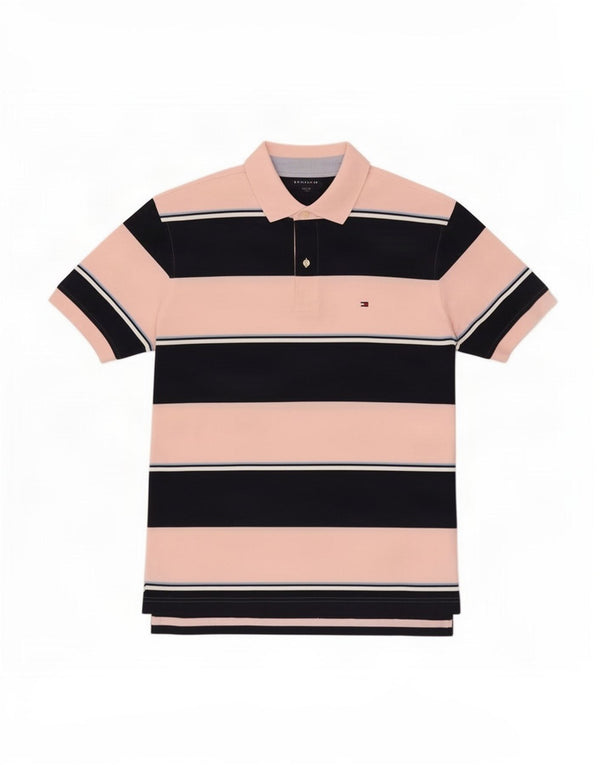 Tommy Hilfiger Mens Polo Shirt Large Pink Striped Cotton