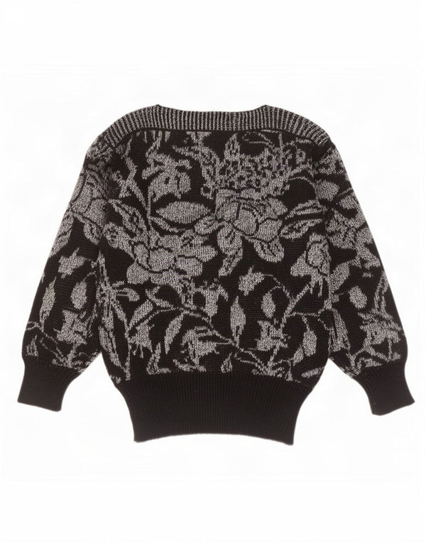 Vintage Womens Boat Neck Jumper Sweater UK 16 Large Black Floral Wool