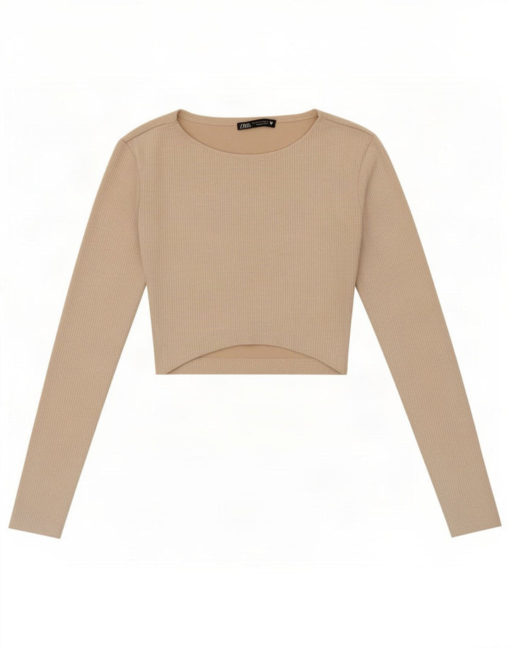 Zara Womens Crop Top Long Sleeve UK 8 Small Beige Polyester