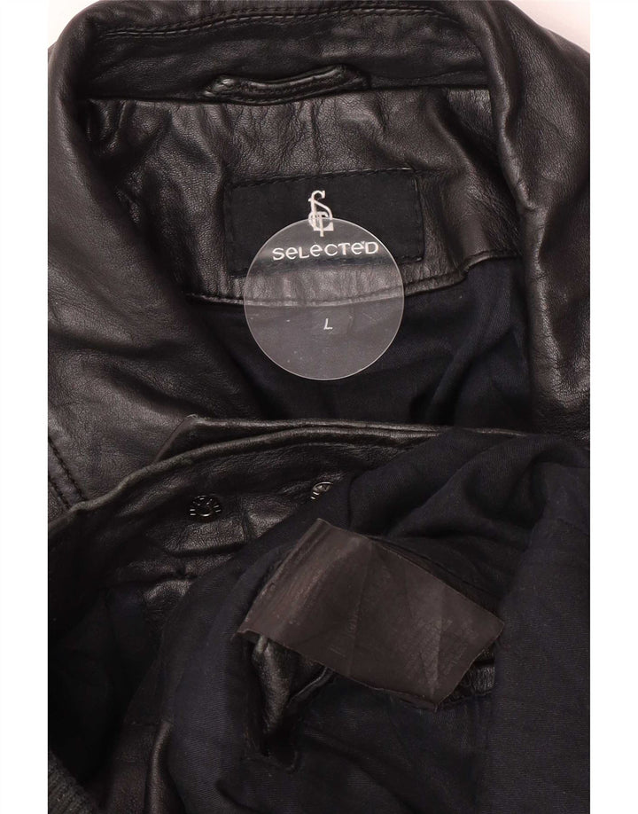 Selected Mens Leather Bomber Jacket UK 40 Large Black