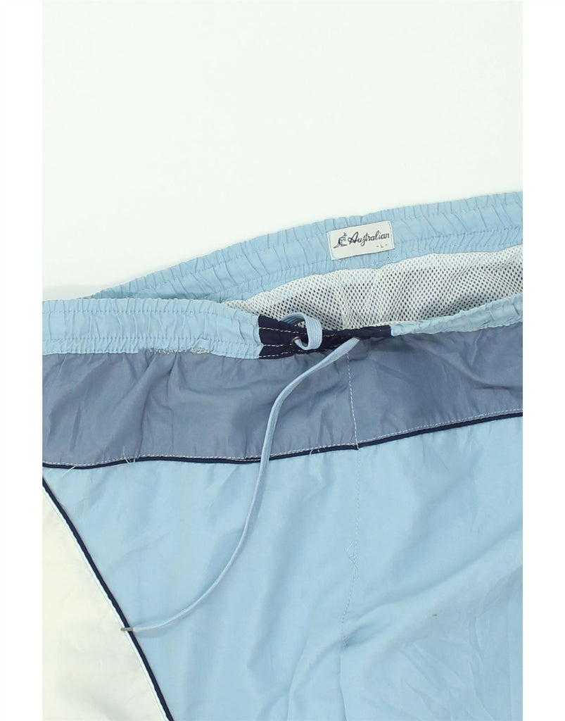 AUSTRALIAN L'ALPINA Mens Graphic Swimming Shorts Large Blue Colourblock | Vintage AUSTRALIAN L'ALPINA | Thrift | Second-Hand AUSTRALIAN L'ALPINA | Used Clothing | Messina Hembry 