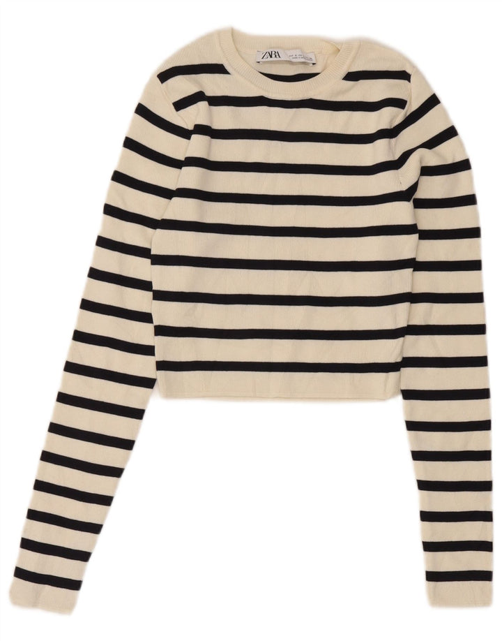 Zara Womens Crop Top Long Sleeve UK 8 Small White Striped Viscose