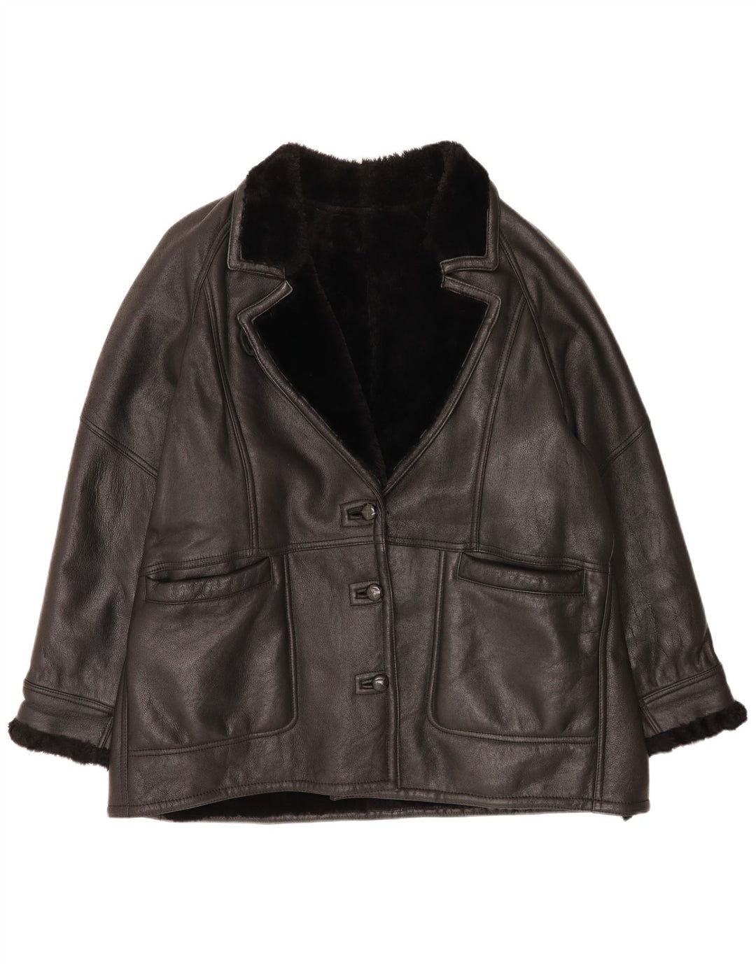 Vintage Womens Loose Fit Shearling Jacket EU 48 2XL Black Classic