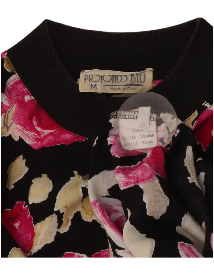 Vintage Womens Top Long Sleeve UK 14 Medium Black Floral Viscose