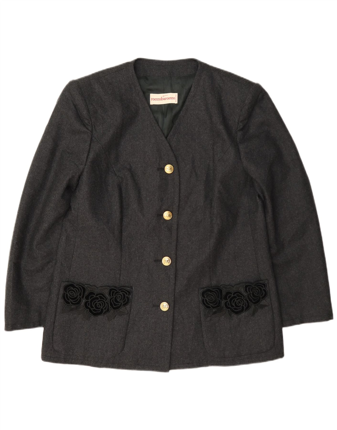 Roccobarocco Womens 4 Button Blazer Jacket UK 14 Medium Grey Floral Wool