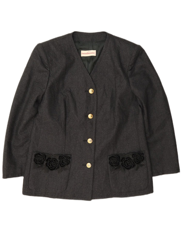 Roccobarocco Womens 4 Button Blazer Jacket UK 14 Medium Grey Floral Wool