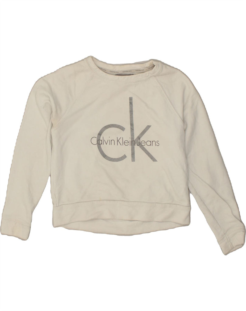 CALVIN KLEIN JEANS Womens Graphic Sweatshirt Jumper UK 6 XS White Cotton Vintage Calvin Klein Jeans and Second-Hand Calvin Klein Jeans from Messina Hembry 