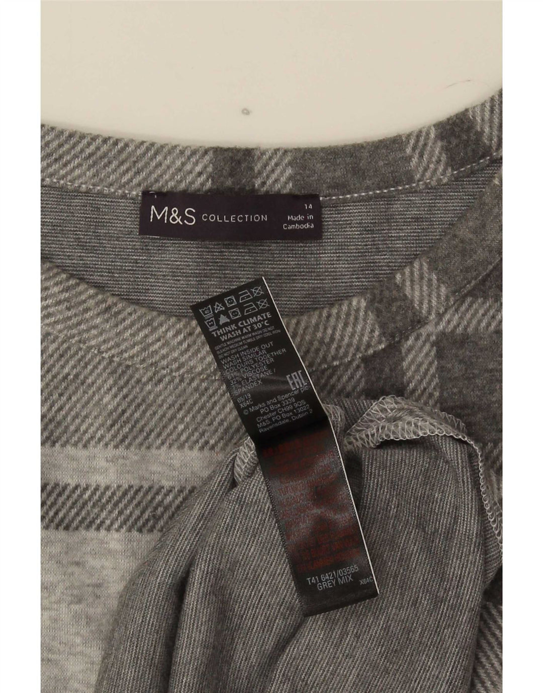 Marks & Spencer Womens Top Long Sleeve UK 14 Large Grey Plaid Polyester