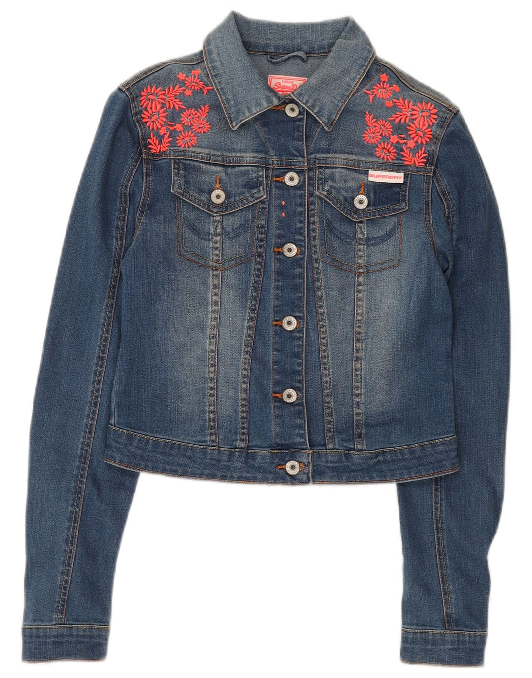 SUPERDRY Womens Crop Denim Jacket UK 8 Small Blue Floral Cotton